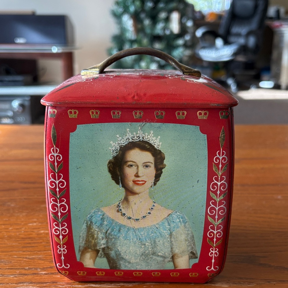 Vintage Queen Elizabeth Toffee Red Decorative Metal Tin with Portrait Accent